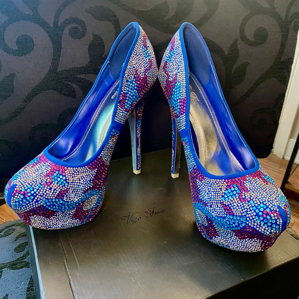 Stiletto Platform Heels - Size 10 - Royal Blue With Multicolored Rhinestones